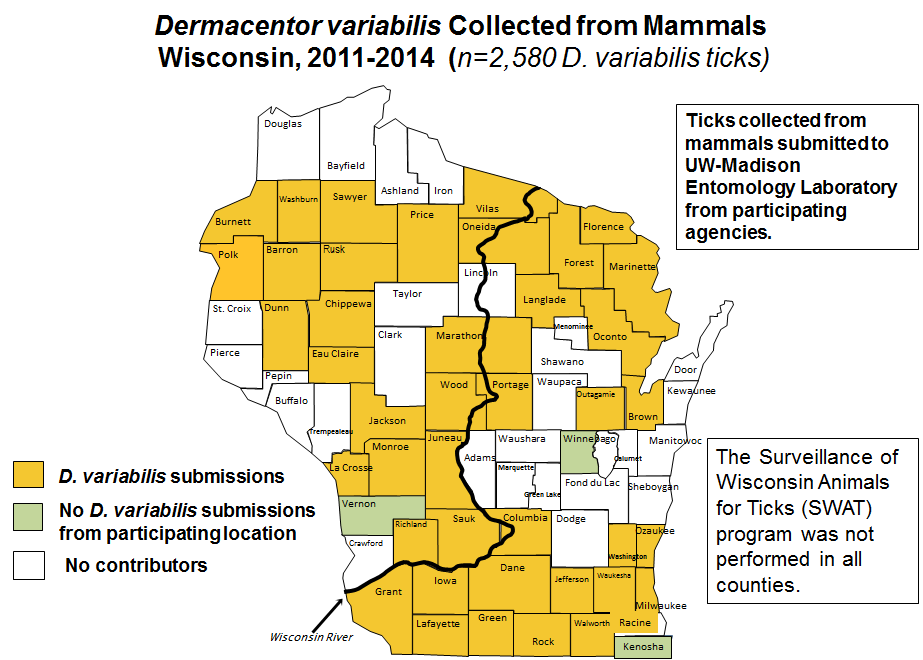 Dermacentor variabilis map of ticks collected through SWAT Wisconsin